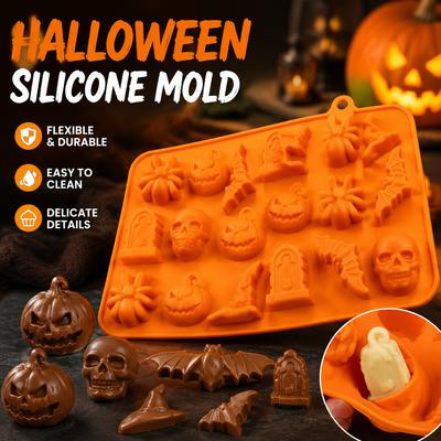 Halloween Silicone Chocolate Mold with Pumpkin Skull Bat Tombstone and Witch Hat Shapes for Baking Treats