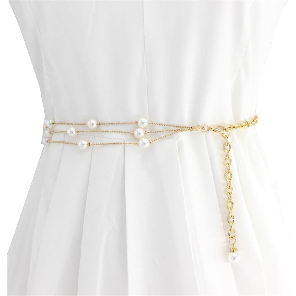 Women Faux Pearl Waist Chain Belt Metal Belt Dress Adjustable Decorative Belt Hollowed Tassel Waist Belts