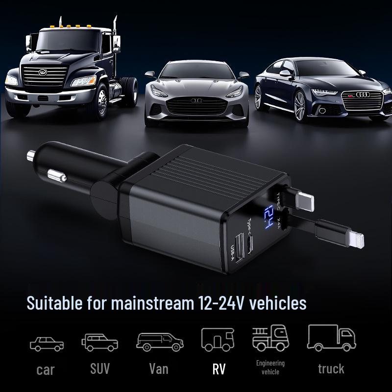 Gallium Nitride Car Charger: Super Fast Charge for Apple, Huawei & Xiaomi with One-to-Four Data Cable