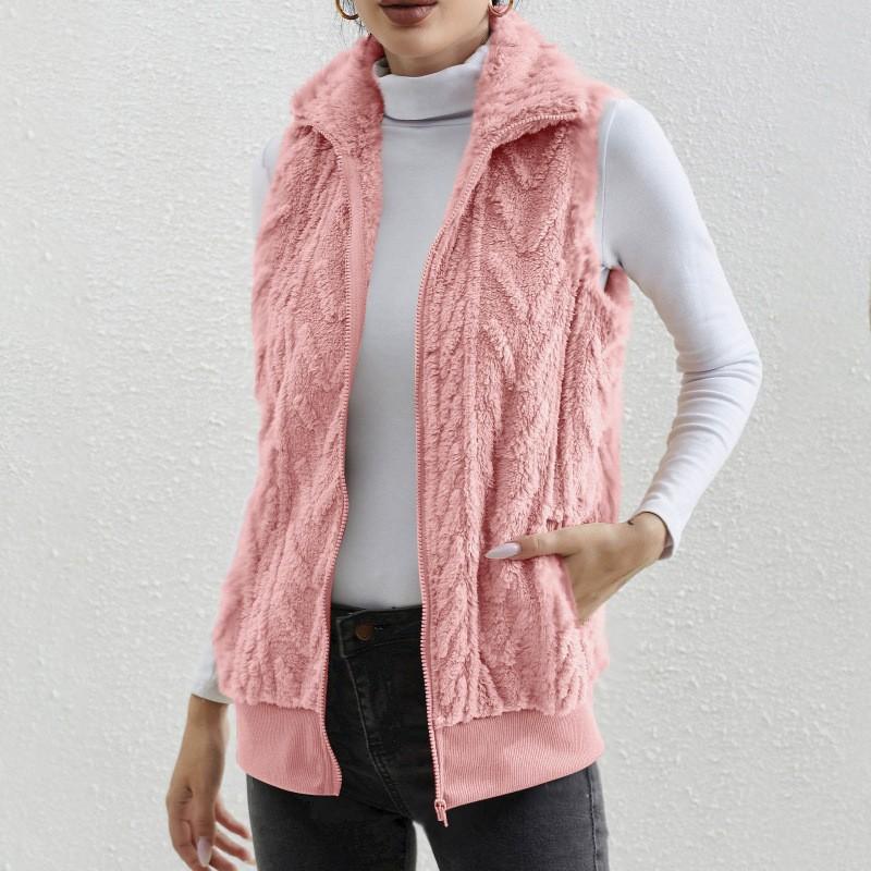 Women autumn solid Plush Cardigan Vest Casual Zipper Lapel Pocket Solid Color Warm Vest