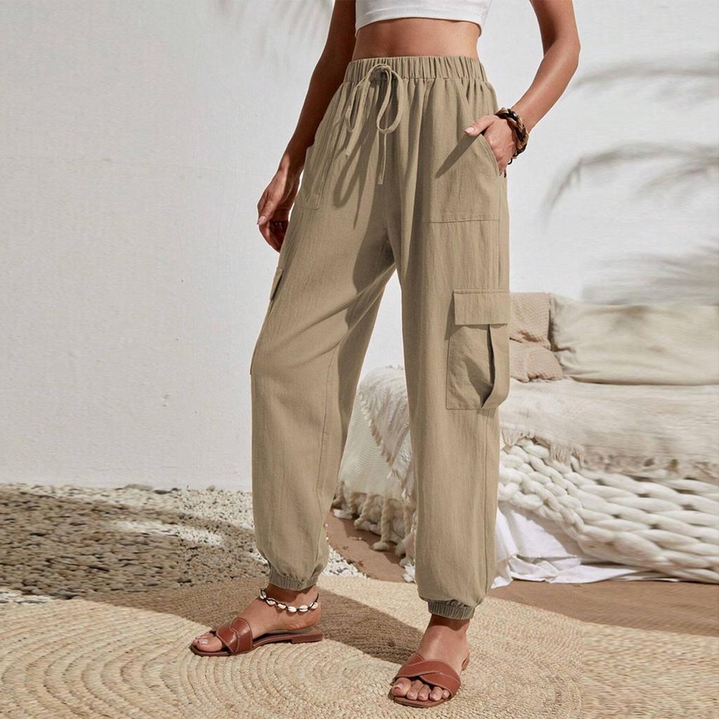 Women's Fashionable Solid Color Elastic Waist Pocket Versatile Casual Work Pants