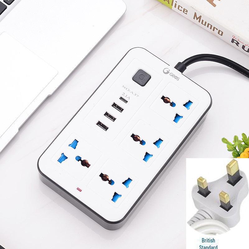 

Універсальний подовжувач із 6 розетками та шнуром довжиною 2 м, USB-портами, розетками США та ЄС A37+Small English plug