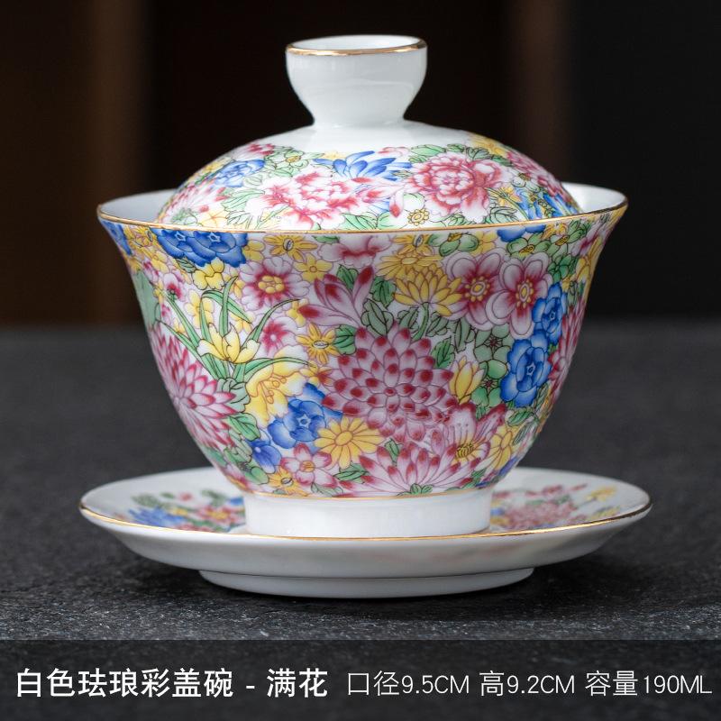 

Palace Style Enamel Filigree Covered Ceramic Kung Fu Set Retro Three Talents Offering Handmade Carved Tea Bowl