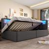 Daybed, Sofa Bed, 90 × 200 Cm, USB + Type-C Ports, Hydraulic Storage, Storage Compartments, Multicolor LED Strip Lighting, No Mattress, Linen, Gray
