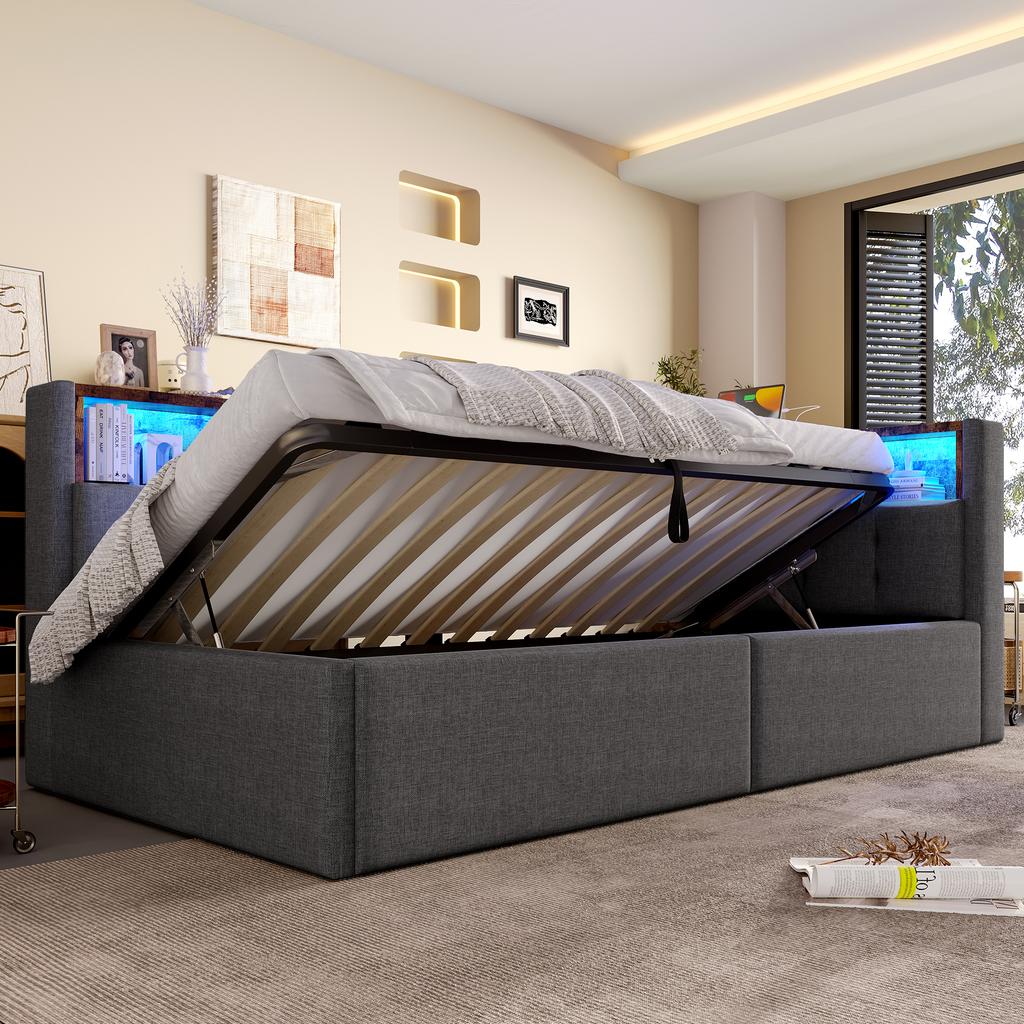 Daybed, Sofa Bed, 90 × 200 Cm, USB + Type-C Ports, Hydraulic Storage, Storage Compartments, Multicolor LED Strip Lighting, No Mattress, Linen, Gray