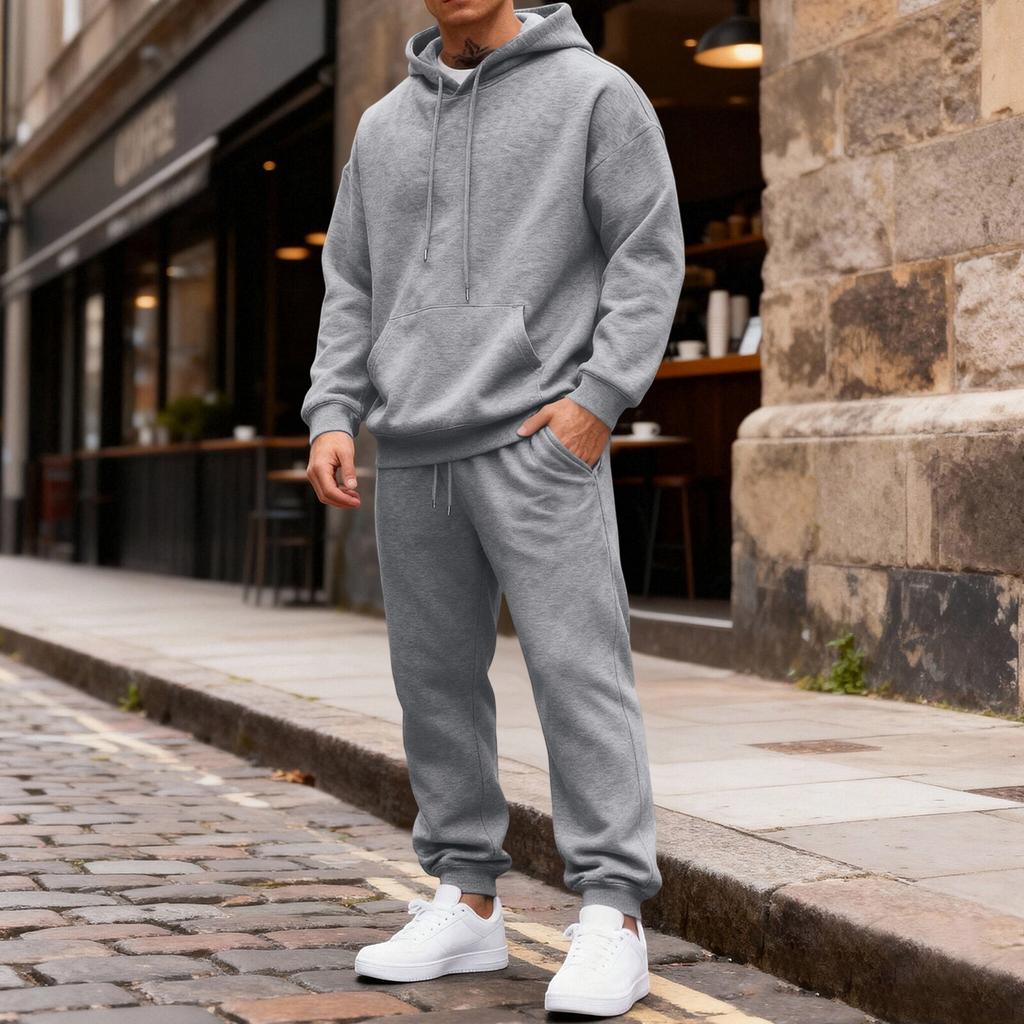 Men's Color Hoodie and Jogger Pants Set with Elastic Waist and Cuffed Ankles for Casual Wear