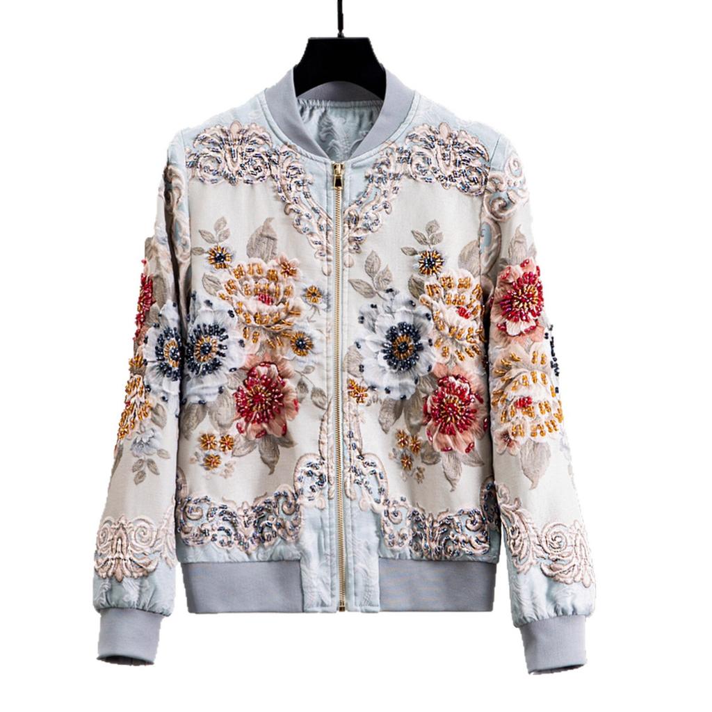 European Station Spring and Autumn Versatile Baseball Uniform Women's Jacquard Three-dimensional Relief Flower Heavy Industry Bead Short Jacket Top