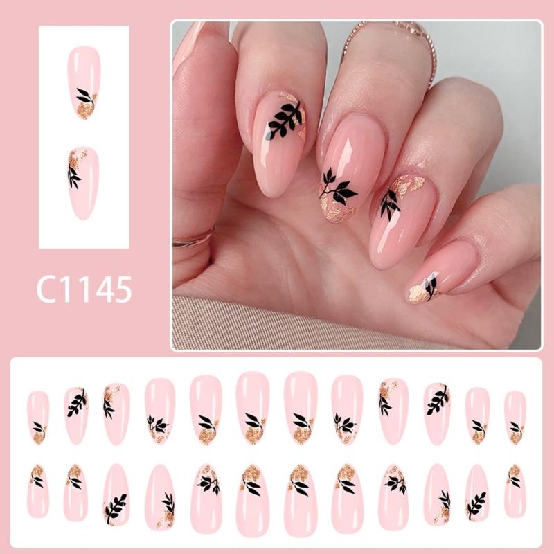 Elegant Press On Fake Nail With Shimmering Leaf Glitters Patterns NonToxic Press On Nail For Women Event 24pcs
