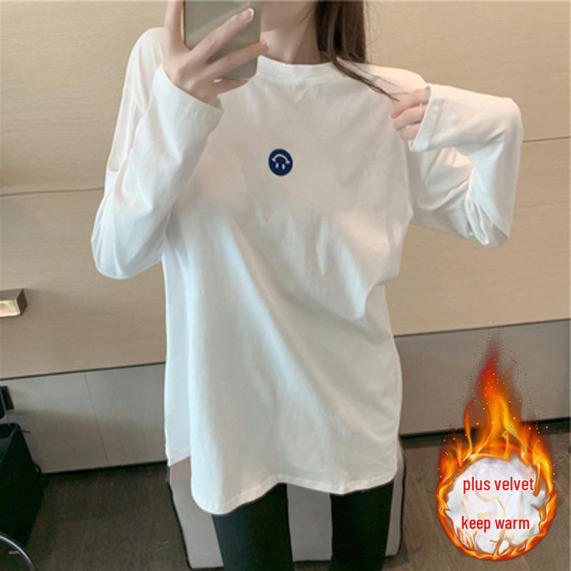 Women's Winter Velvet Layered Embroidered White Top - Korean Style Loose Fit