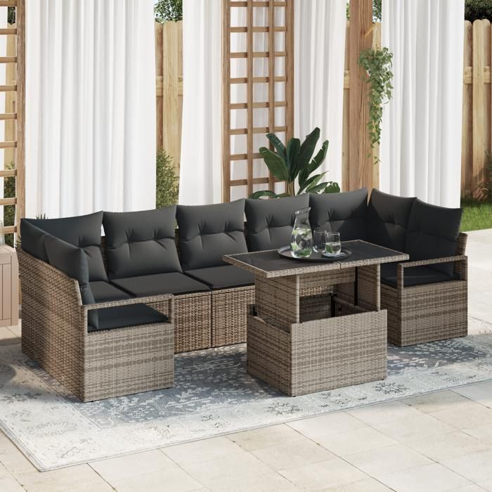 Canapé de Jardin 8 Pièces avec Coussins Gris Rotin Synthétique, Canapé de Jardin 2 Places avec Rangement et Coussins Gris 3357512