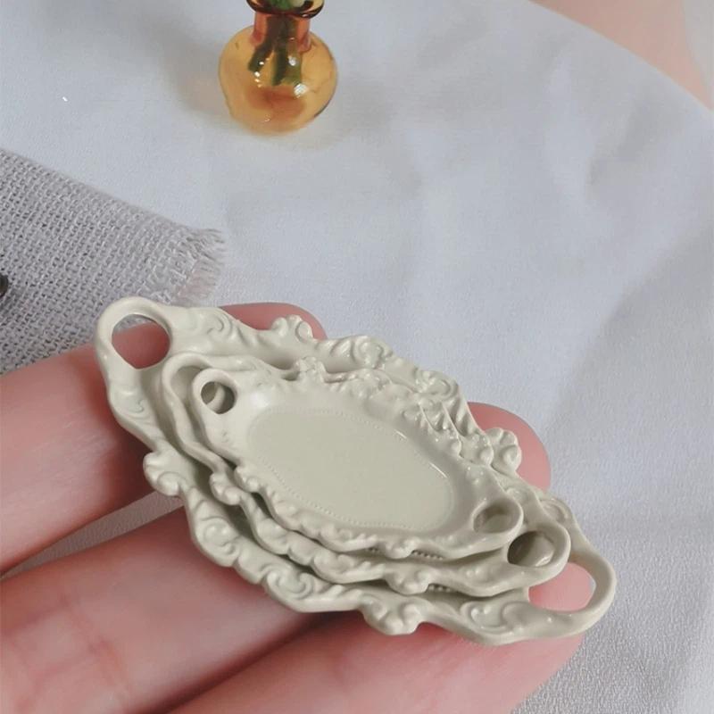 Mini Dessert Plate Set 3Pcs Dollhouse Elliptical Double Ear Design Realistic Simulation Tableware for Kids Pretend Play