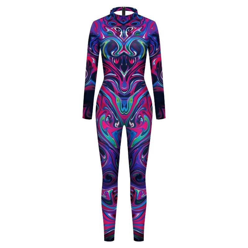 Multicolour Printing Holiday Party Women Adult Ghost Punk Style Cosplay Performance Costume Bodysuits Rompers