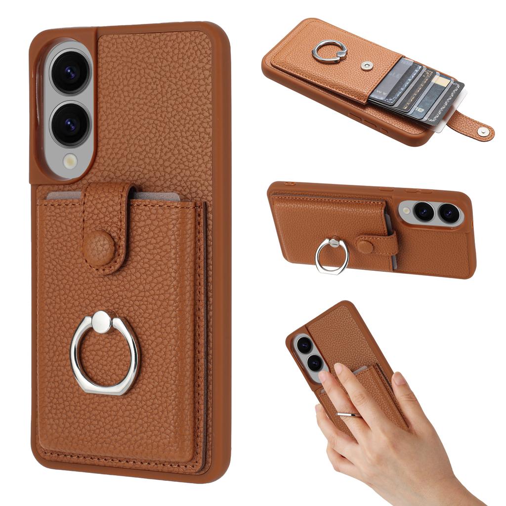 For Samsung Galaxy S25 Edge Case with Ring Kickstand Drawing Type Card Slots Leather Back Cover