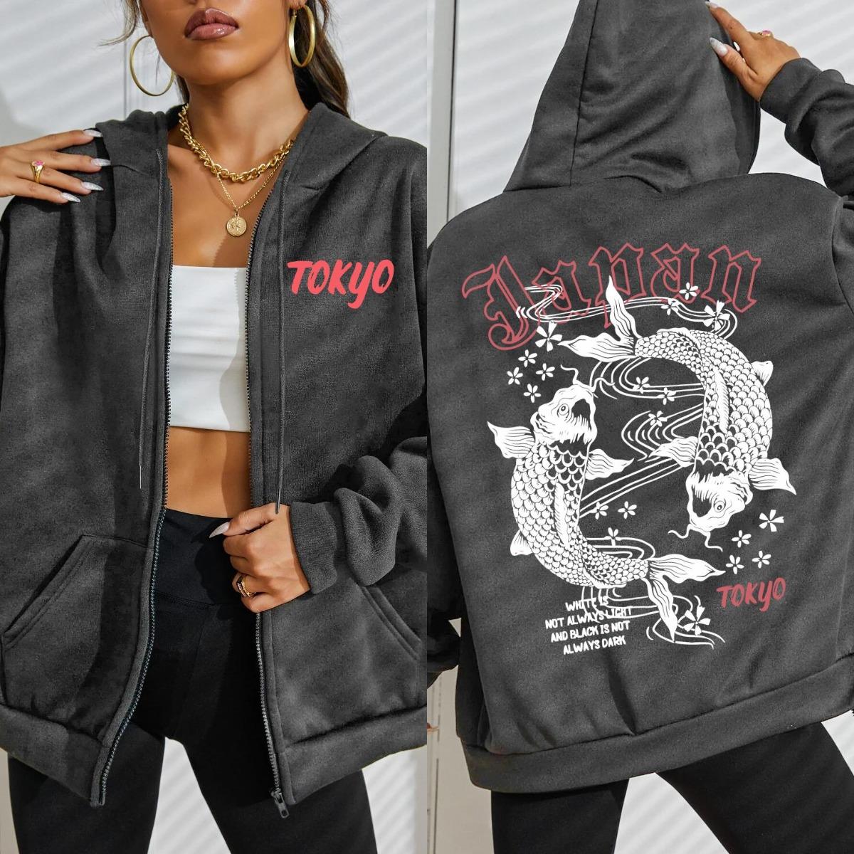 

Japan Tokyo Harajuku Koi Fish Printed Hoody Women Soft Sportswears Street Zipper Hoodies Autumn Fleece Casual Sportswear S