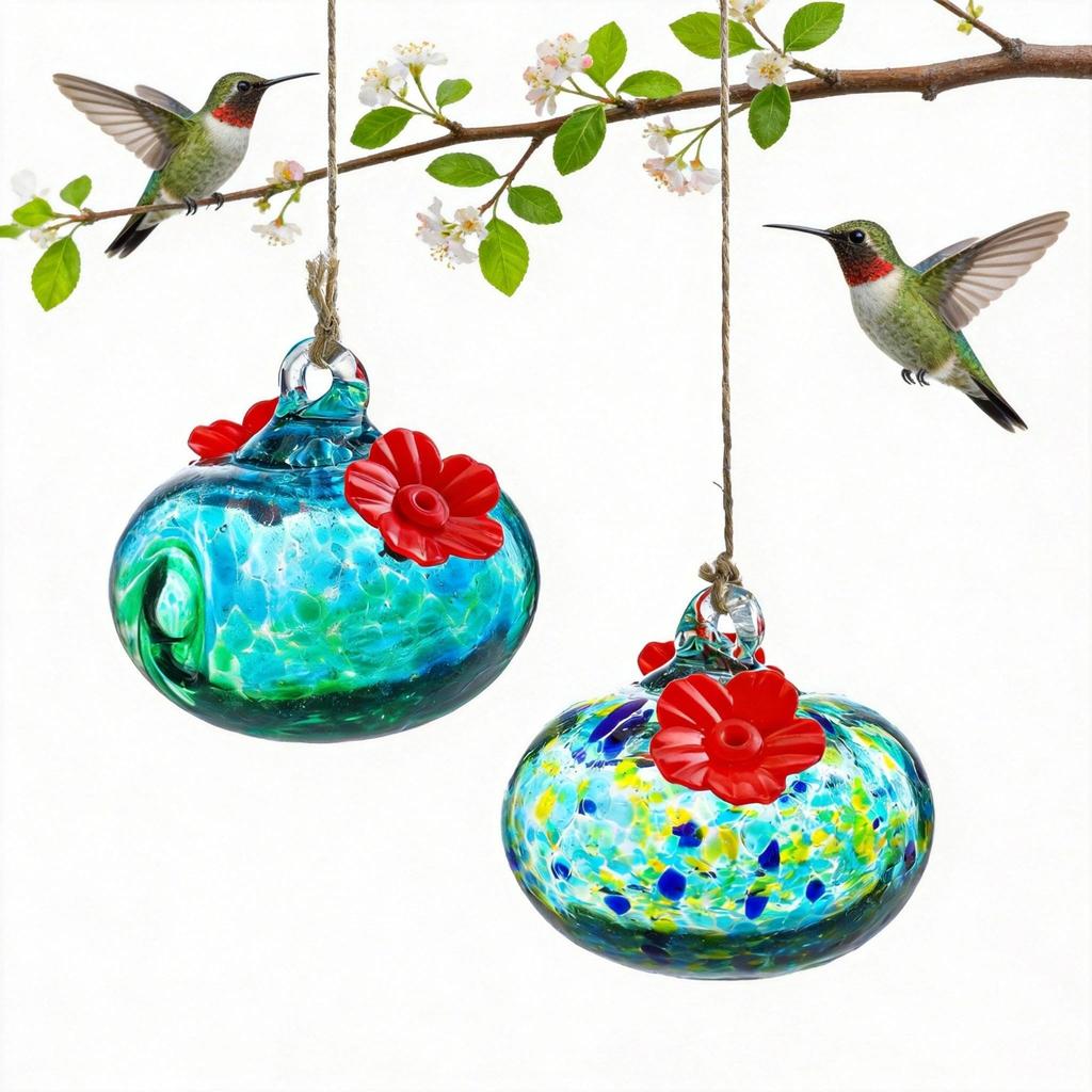 Hand Blown Glass Hummingbird Feeder, Window Hanging Wild Bird Feeder, Ant & Bee Proof, Outdoor Garden Yard Decoration,2color