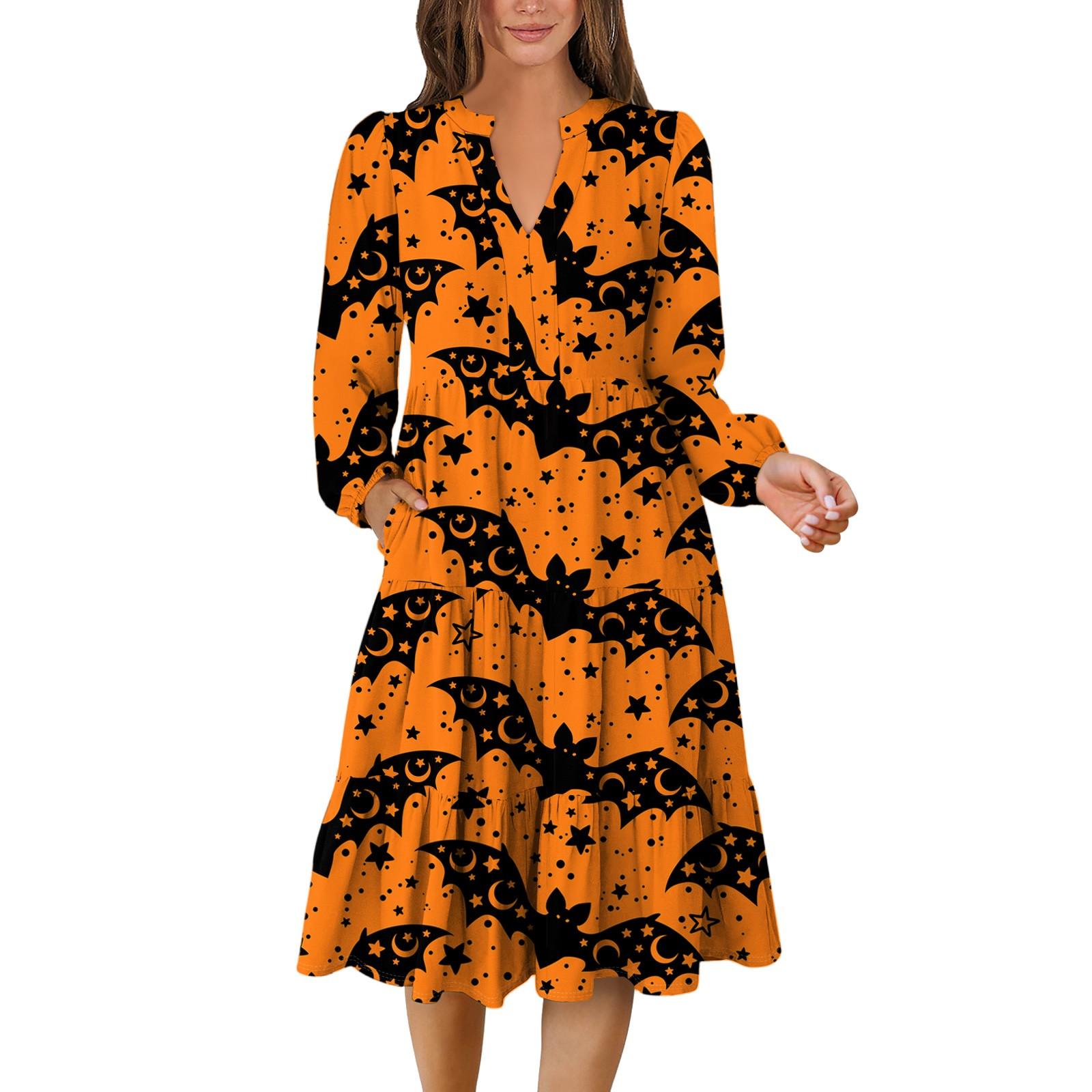 

Женское платье с V-образным вырезом, многослойное, богемное, с длинным рукавом, с принтом на Хэллоуин M оранжевый