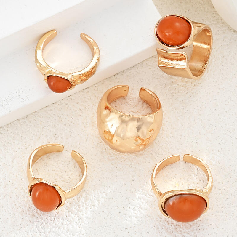5Pcs/Set Geometric Irregular Circular Open Rings for Women Men Bohemian Orange Acrylic Hammer Texture Ring Jewelry Accessories