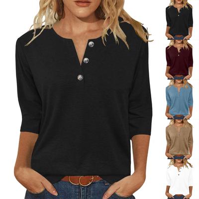 Women’s Three Quarter Sleeve Henley Shirt with Button Front and Round Neck Relaxed Fit Casual Top for Daily Wear