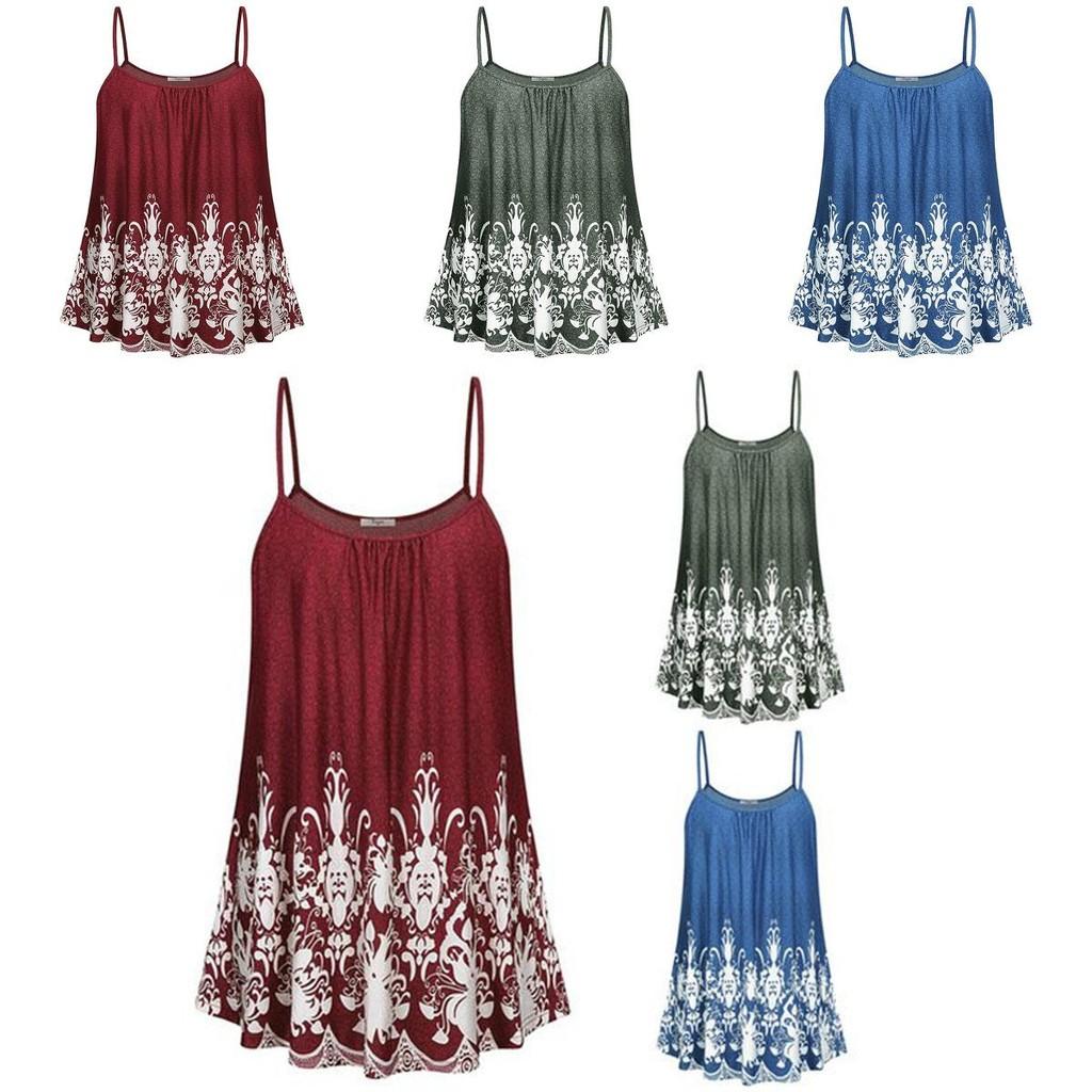 Elegant Women Print Loose Casual Summer Pleated Flowy Sleeveless Camisole Tank Tops