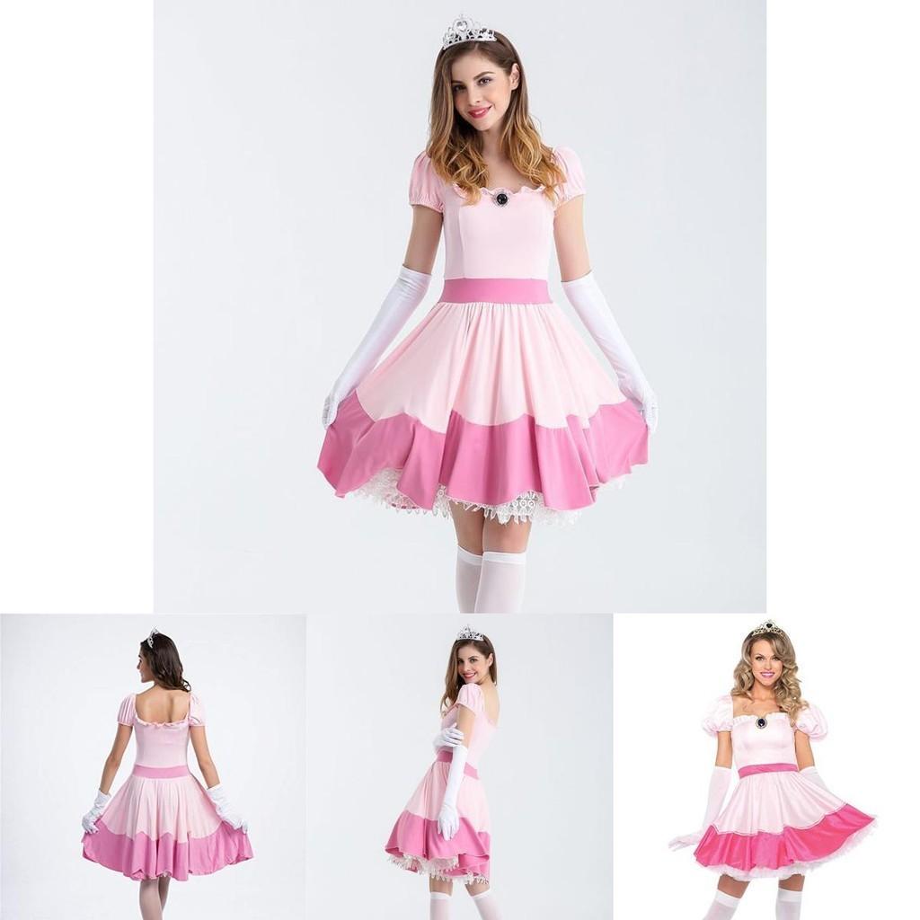 Elegant Super Mario Pink Princess Peach Costume Dress With Crown And Gloves Set