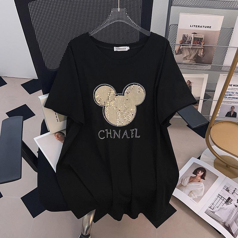 Plus Size Loose Mid-Length Short-Sleeve T-Shirt for Women - Round Neck, Slimming Design, Covers Belly, Available in Sizes 200/300/350 jin, Style 636