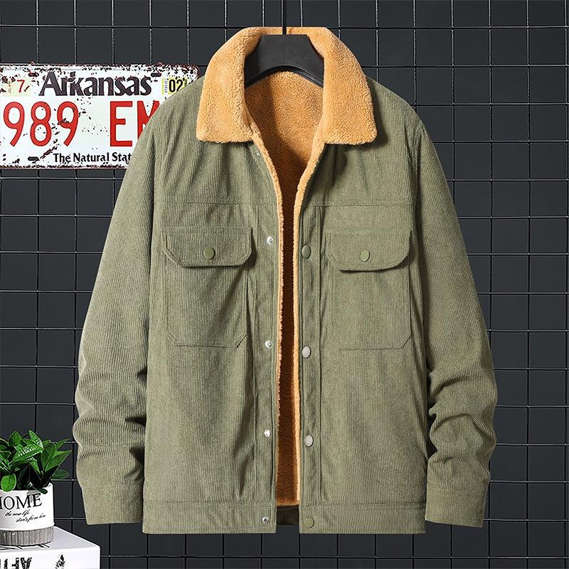 

Corduroy Fleece Jacket Trendy Men s Autumn and Winter Jacket Fleece Tooling 4XL армія зелений колір
