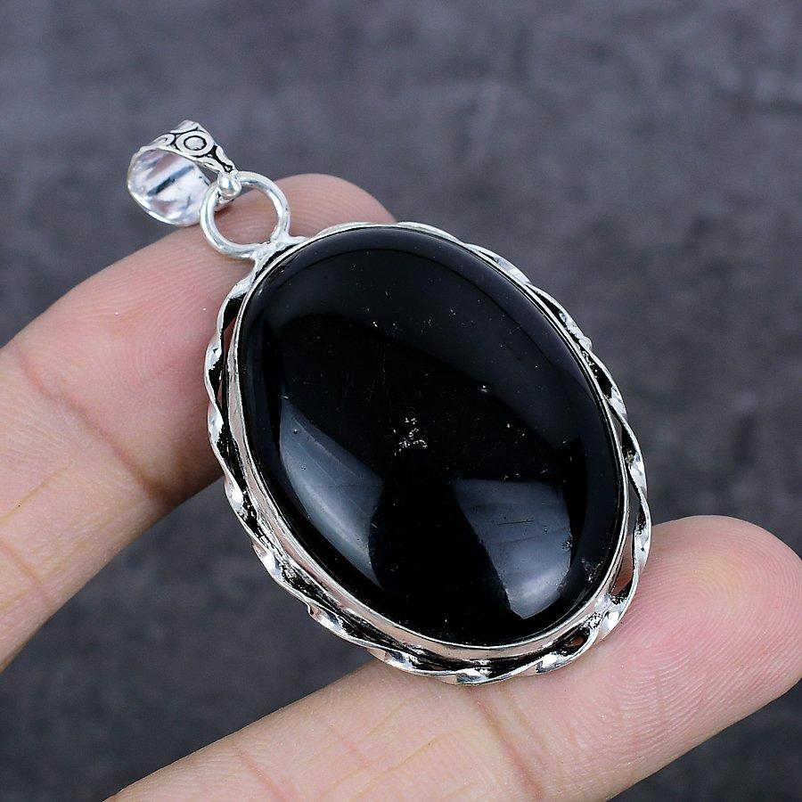 Natural Black Onyx Gemstone 925 Sterling Silver Jewelry Pendant 2.17" d2q48