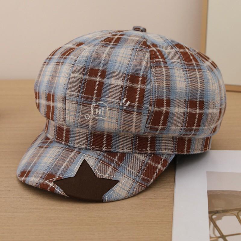 Japanese Style Vintage Plaid Octagonal Beret Hat Women - Wide Brim Sun Protection Cap Adjustable Fit Fashion