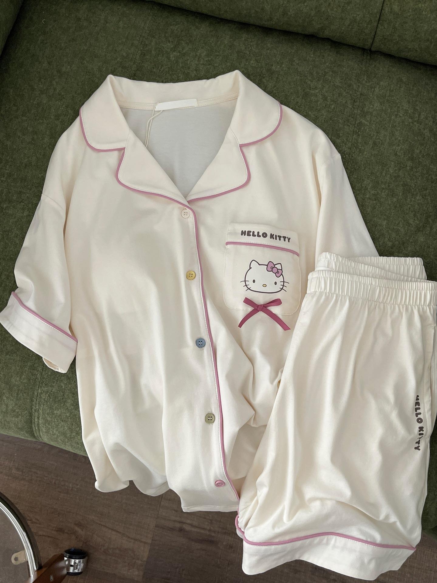 

Japanese solid color cute pocket Hello Kitty pajamas women s summer short-sleeved shorts red edge suit can be worn outside loungewear S