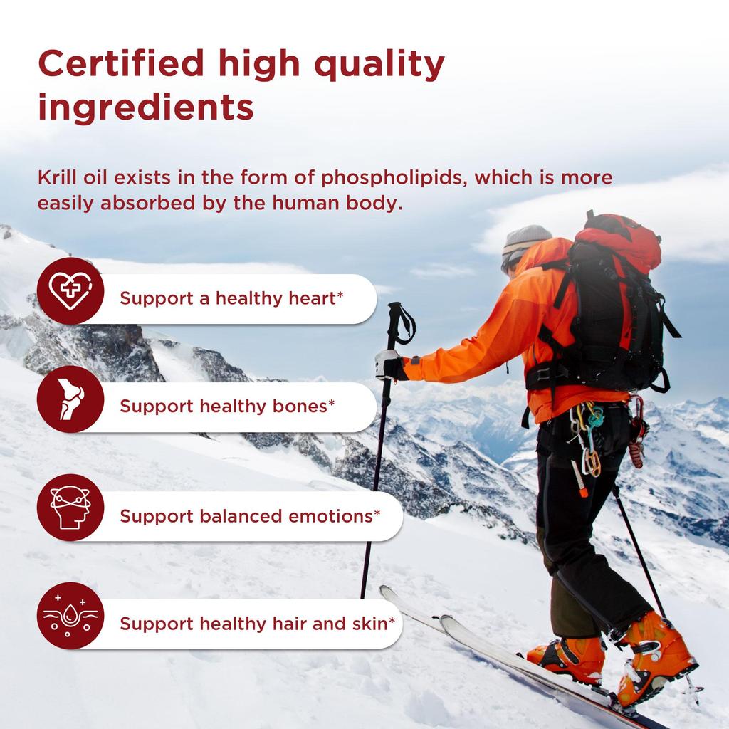 Antarctic Krill Oil Supplement Capsules, Containing Astaxanthin and Phospholipid Extracts, 1000 Mg Per Serving, Suitable for Adults.