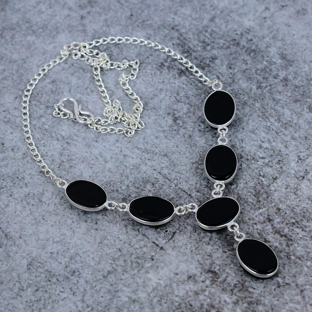 Black Onyx Gemstone Handmade 925 Sterling Silver Jewelry Necklace 18" M-411