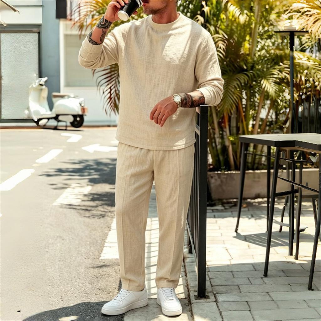Men's Casual Cotton Linen Long Sleeve Shirt and Drawstring Pants Set - Lightweight Breathable Vintage Outfit