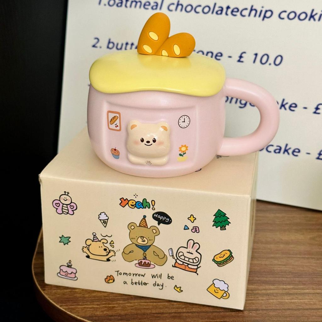 Cute Ceramic Mug with Lid Creative Household Milk Oatmeal Cup  Cheese Bread  Cute Bear Cartoon Cup  Souvenir