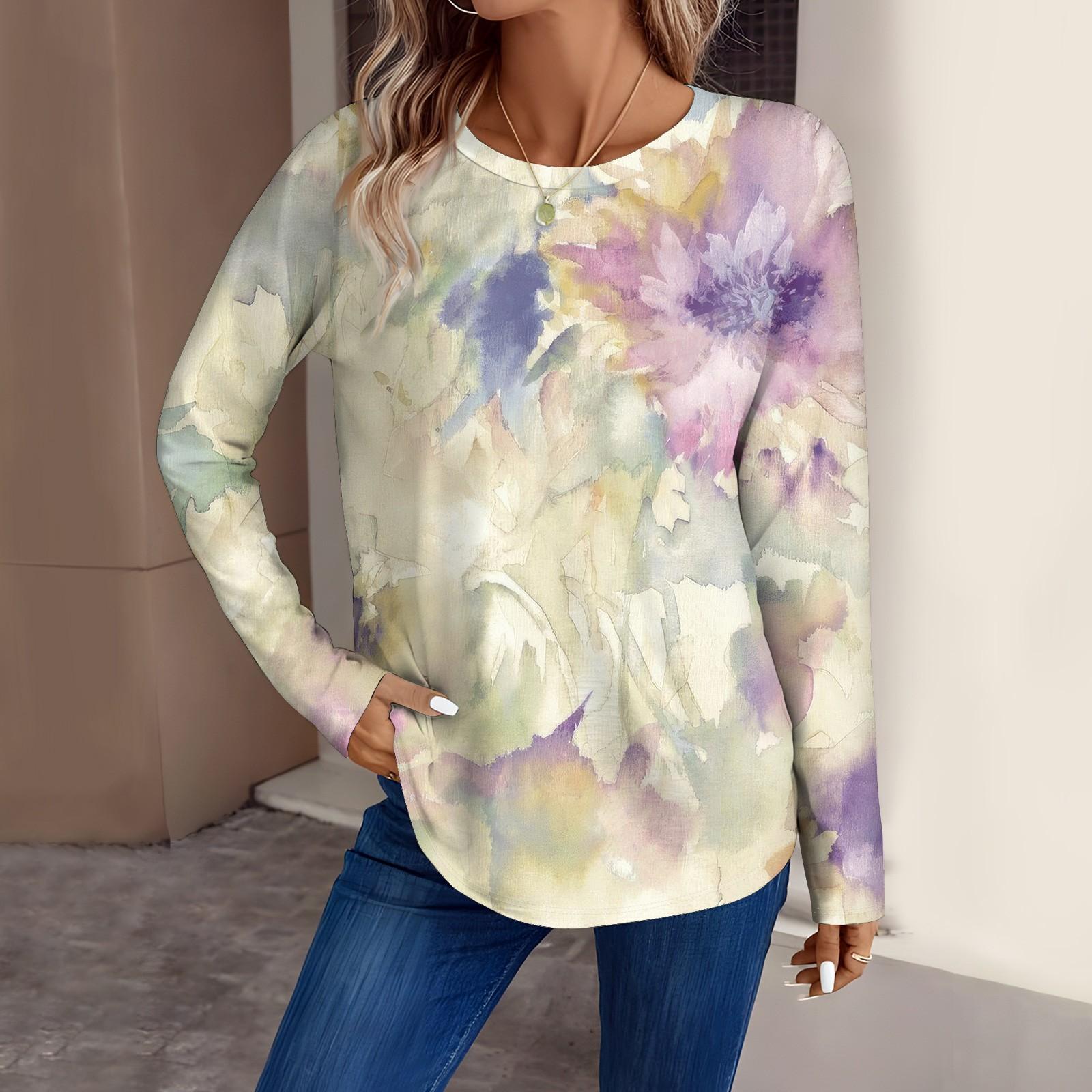 Женская мода повседневный топ с длинным рукавом с цветочным принтом и круглым вырезом — фото 7