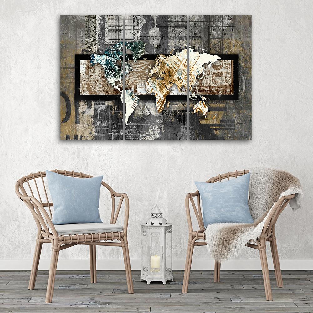 Three Piece Picture Canvas Print Abstract World Map Grey Brown