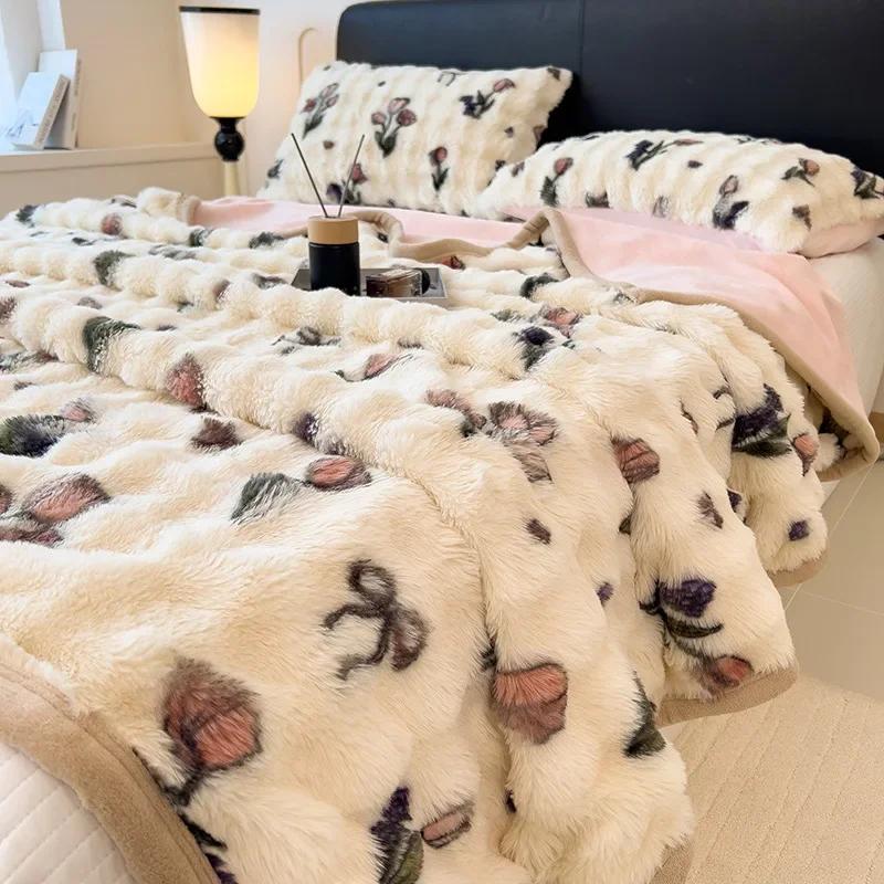 New 600g Big Bubble Rabbit Fur Composite Blanket Milk Fleece Siesta Blanket Double-sided Fleece Sofa Blanket