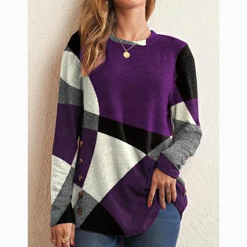 Moda Contraste Impresso Gola Redonda Camiseta Feminina Longa Seeve Solta Casual Camiseta Tops Escritório Senhora Plus Size Mulher Camisetas 24036