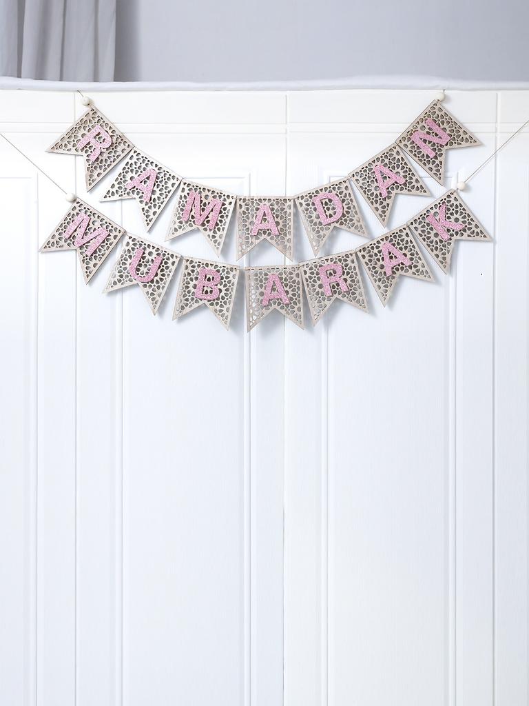 1Pc Pink Wooden Ramadan Muslim Decor Banner Pull Flag Ramadan Kareem Hanging Ornaments Wooden Ornaments Eid Mubarak Happy Gift