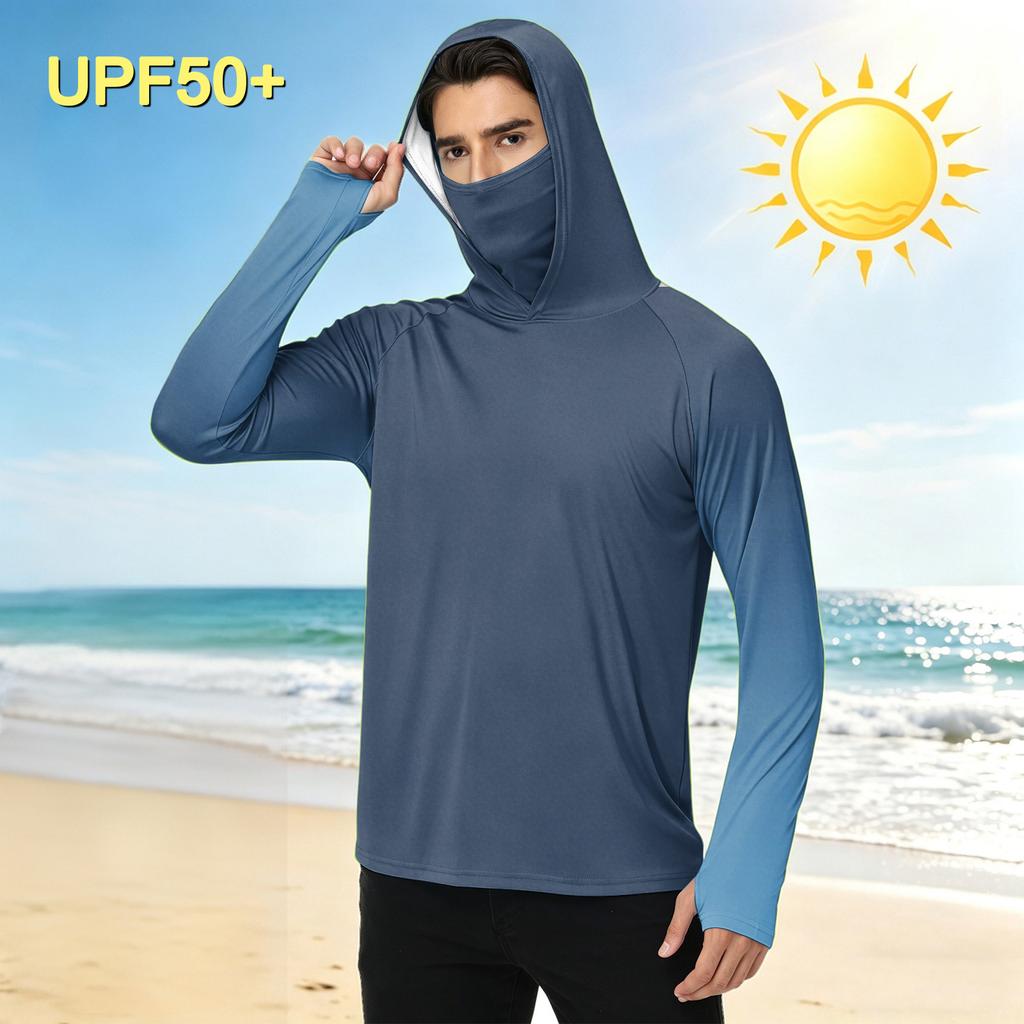 Men's Outdoor Casual Gradient Print Hooded Long Sleeve Sun Protection Shirt Lightweight Breathable Quick Dry Sports Top
