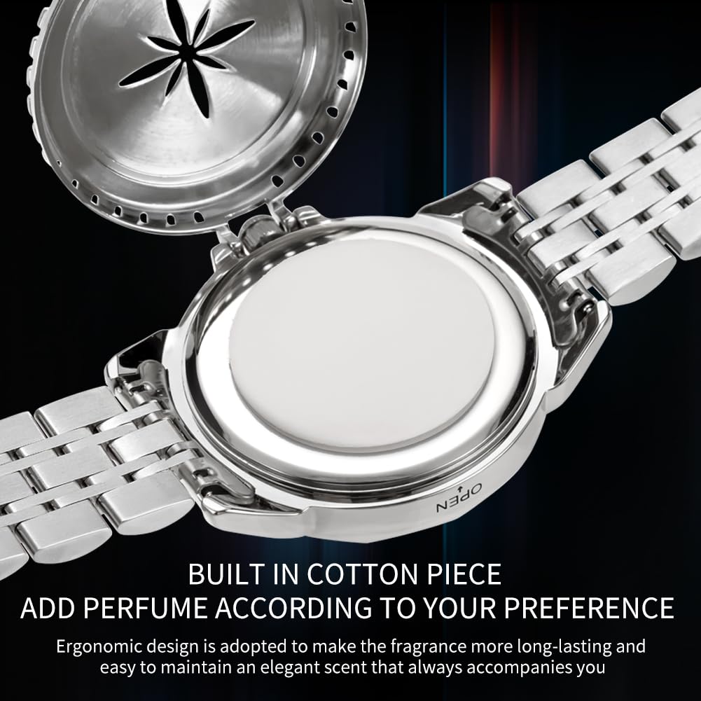 OLEVS Men's Quartz Fragrance Watch, Stainless Steel, Waterproof, Date Display, Calendar, Luminous, Popular, Stylish, Brand Name, Black
