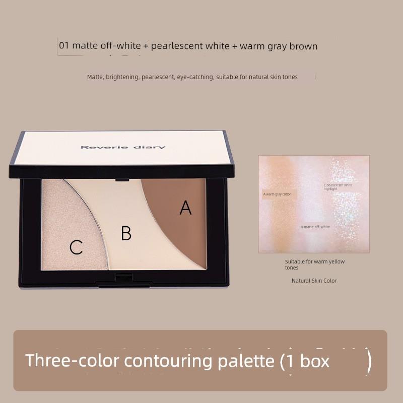 Shadow Contouring and Highlighting All-In-One Palette, Three-Color Brightening Matte Face Contouring Palette, Nose Shadow and Blush Three-In-One