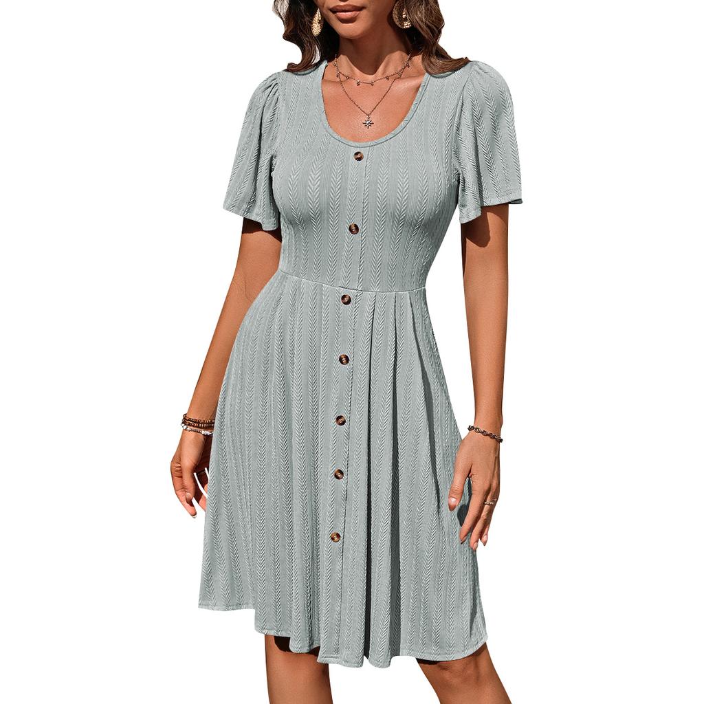Summer Women's Round Neck Button Stretch Casual Temperament Short Sleeve Dress
