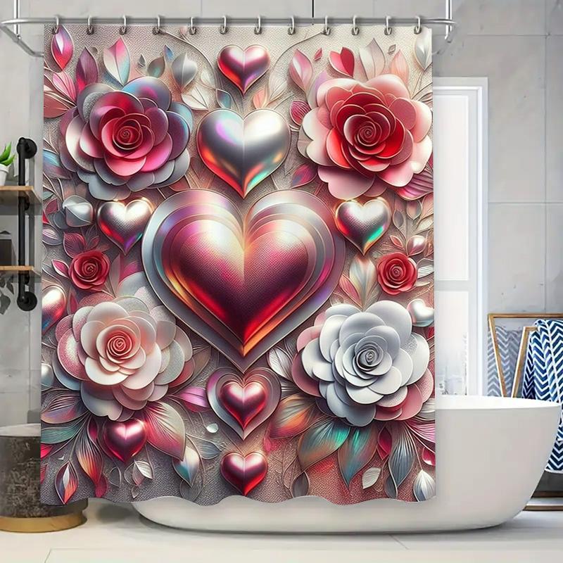 Luxurious 3D Floral Heart Shower Curtain - Waterproof, Mildew-Resistant, Machine Washable For Elegant Bathroom Decor