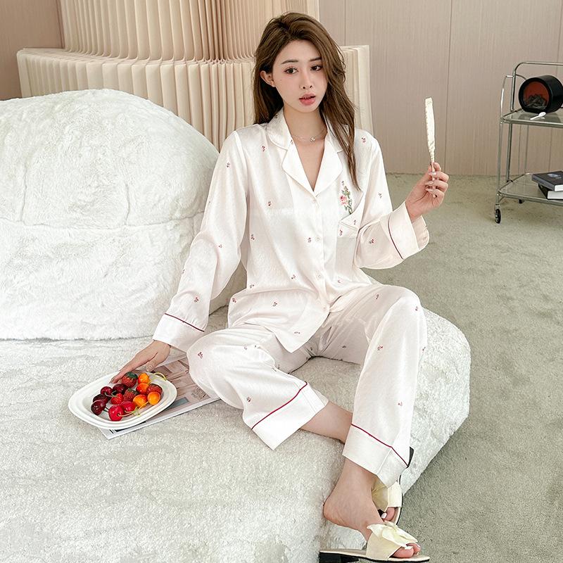 1011 new sweet and cute wind ice silk pajamas women's long-sleeved thin small floral light luxury loungewear set