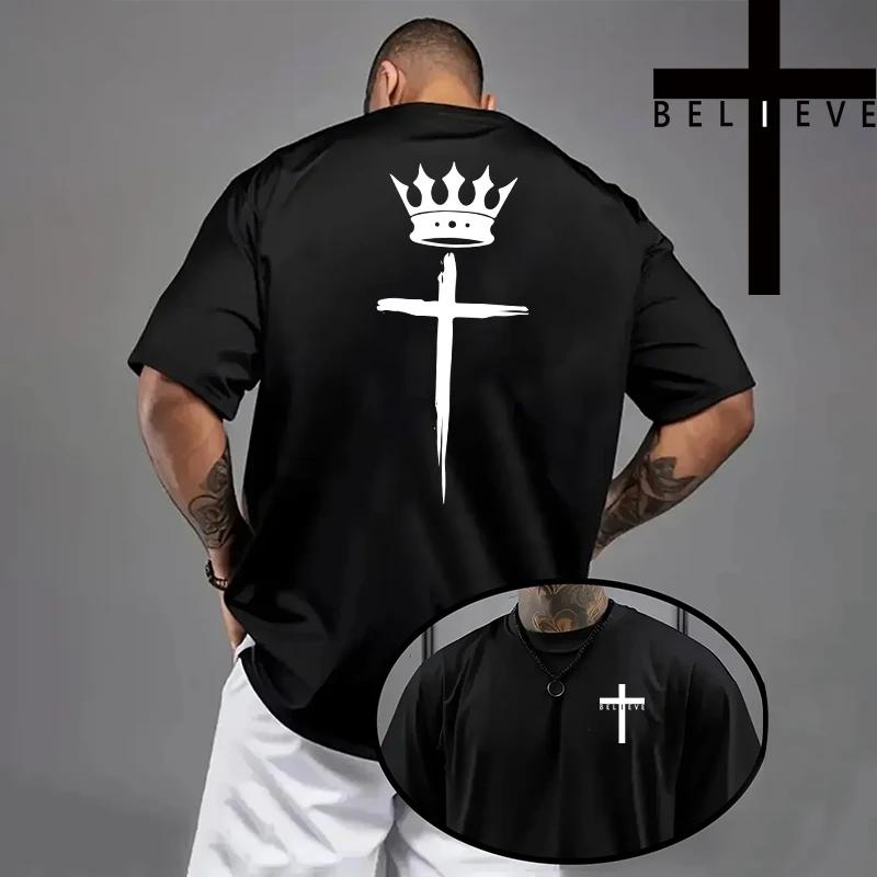 Christ Print Tshirt Men High Quality Pure Color Short Sleeve Top Spring Summer Daily Casual Fashion Jesus Cross Cotton Tees