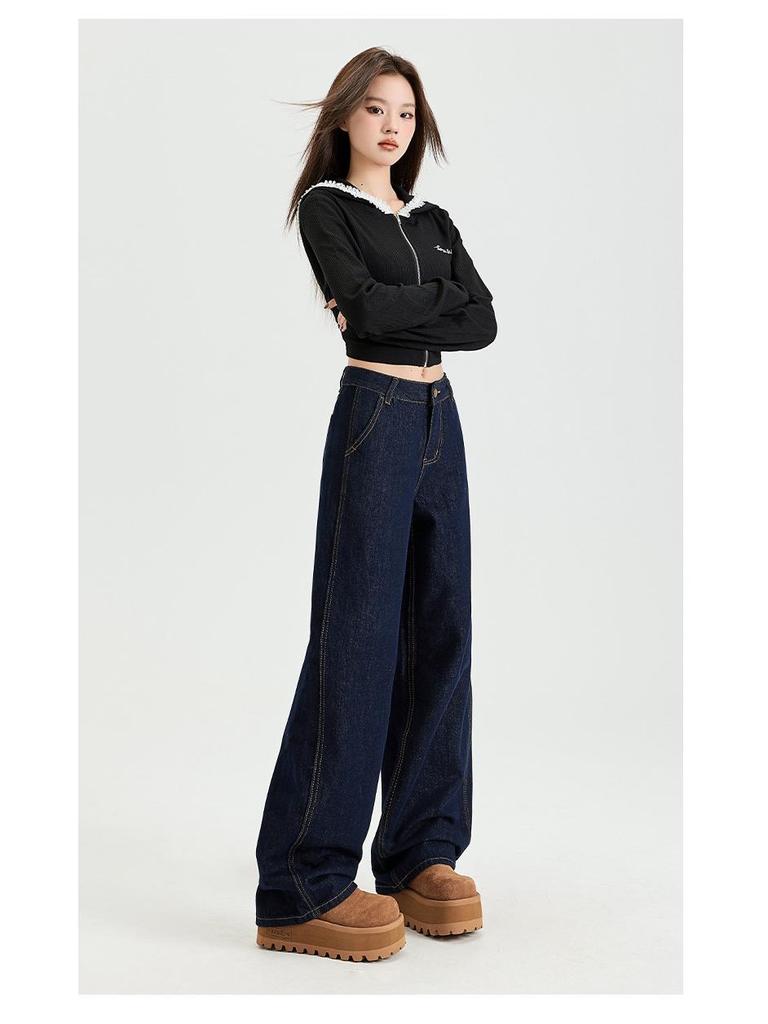 Women's Dark Blue High-Waist Wide-Leg Jeans, Summer 2025 Collection - Loose Fit, Meat-Covering, Mopping Style.