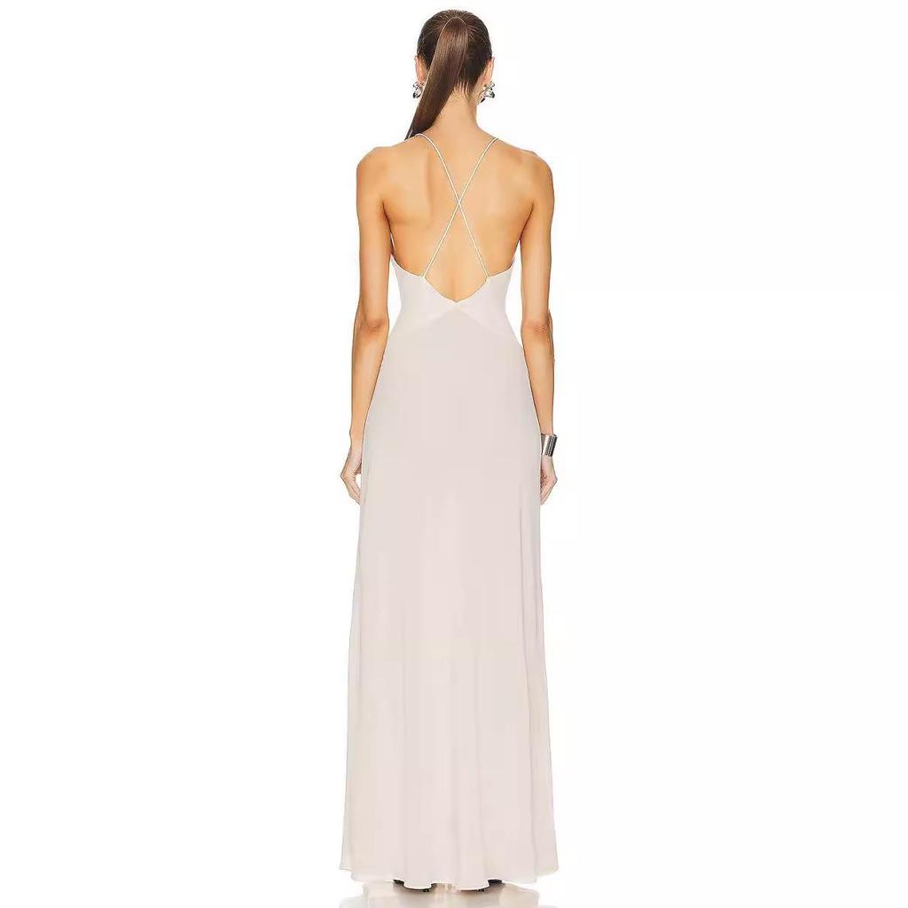 2024 New European & American Summer Deep V-neck Backless Chiffon Maxi Dress for Women