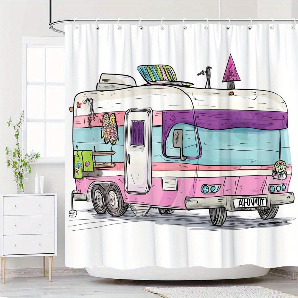 

Retro Caravan Shower Curtain – Whimsical Pink & Purple Rv With Heart Windsock, Green Towel & Roof Rack, Waterproof Polyester, W60H190(CM)-1 Pcs