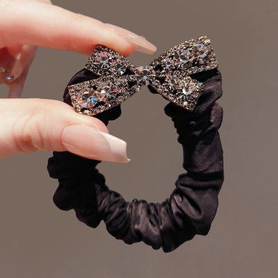1PC Black Large Intestine Hair Ties Bow Water Diamond Hair Ring High Ponytail Headband With High Elasticity Hair Accessories