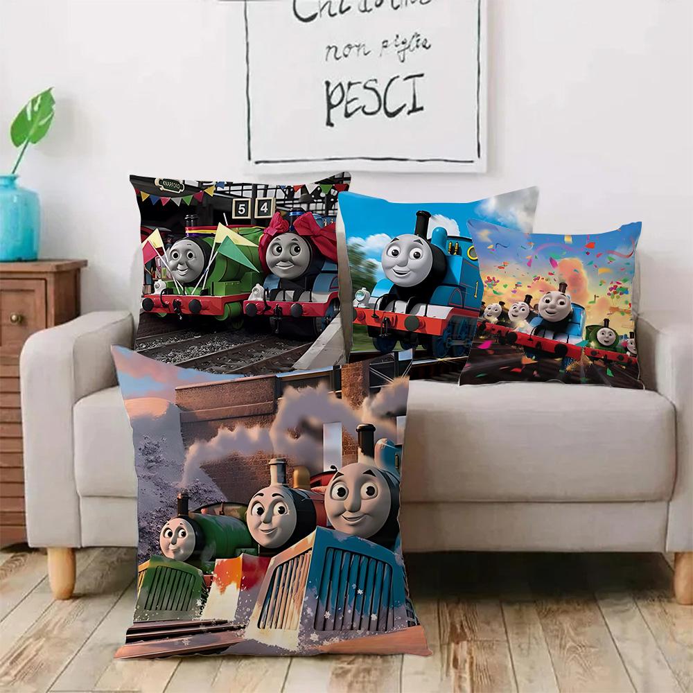Thomas The Train Square Pillow Covers Cartoon Sofa Decorative Home Double-Sided Printing Short Plush Cute Cushion Cover